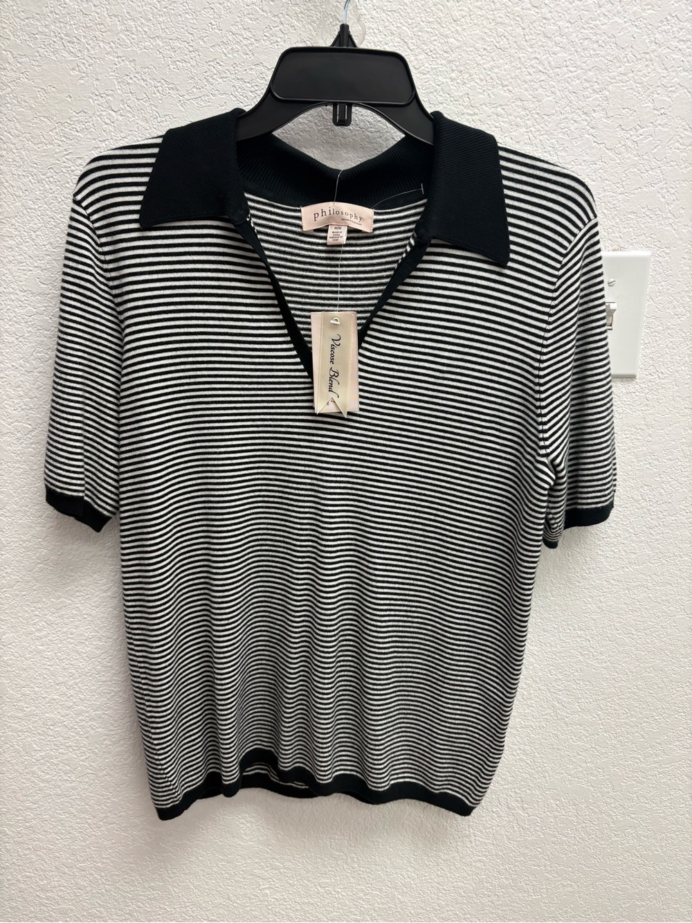 Philosophy Black and White Striped Knit Polo